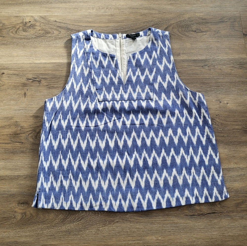 J. CREW Tank Top Shell Notched Zig Zag Chevron Stripe Blue Print Size 12 Cotton